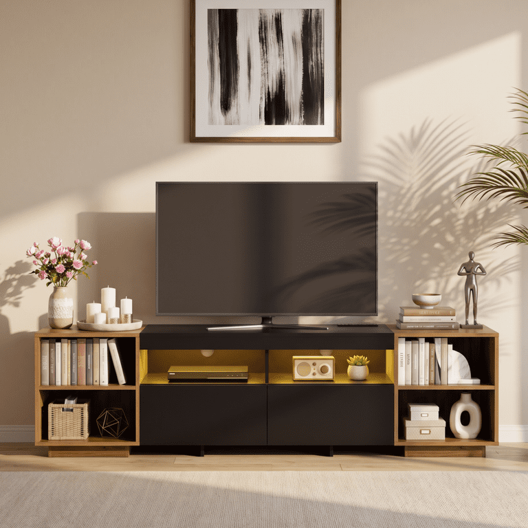 Lacoo 70 Inch TV Stand with LED Lights and Charging Station, Entertainment Center for 43-75 Inch TVs, Media Console with 2 Drawers, Adjustable Shelves and Modular Storage, Black and Brown