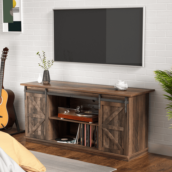 Lacoo TV Stands Wood Sliding Barn Door Adjustable Storage Farmhouse TV Cabinet for TVs up to 65", Rustic Brown
