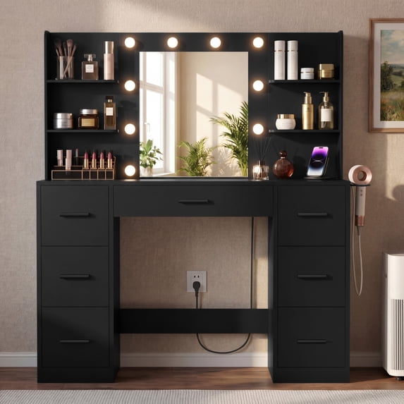 Lacoo Vanity Desk with Mirror and LED Lights, Makeup Vanity with 7 Drawers & 4 Shelves, Vanity Table with Power Outlet for Bedroom Dressing Room, Black