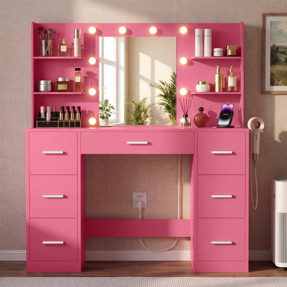 Lacoo Vanity Desk with Mirror and LED Lights, Makeup Vanity with 7 Drawers & 4 Shelves, Vanity Table with Power Outlet for Bedroom Dressing Room, Dark Pink