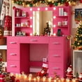 thumbnail image 1 of Lacoo Vanity Desk with Mirror and LED Lights, Makeup Vanity with 7 Drawers & 4 Shelves, Vanity Table with Power Outlet for Bedroom Dressing Room, Dark Pink, 1 of 7