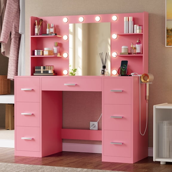 Lacoo Vanity Desk with Mirror and LED Lights, Makeup Vanity with 7 Drawers & 4 Shelves, Vanity Table with Power Outlet for Bedroom Dressing Room, Light Pink