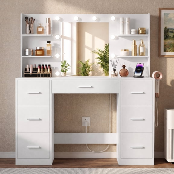Lacoo Vanity Desk with Mirror and LED Lights, Makeup Vanity with 7 Drawers & 4 Shelves, Vanity Table with Power Outlet for Bedroom Dressing Room, White
