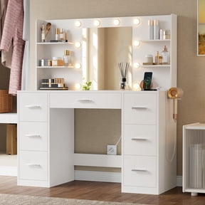 Lacoo Vanity Set with Mirror and LED Lights, Makeup Vanity with Fast-Charging Outlet, Vanity Table with 7 Drawers & 4 Shelves for Bedroom Dressing Room, White