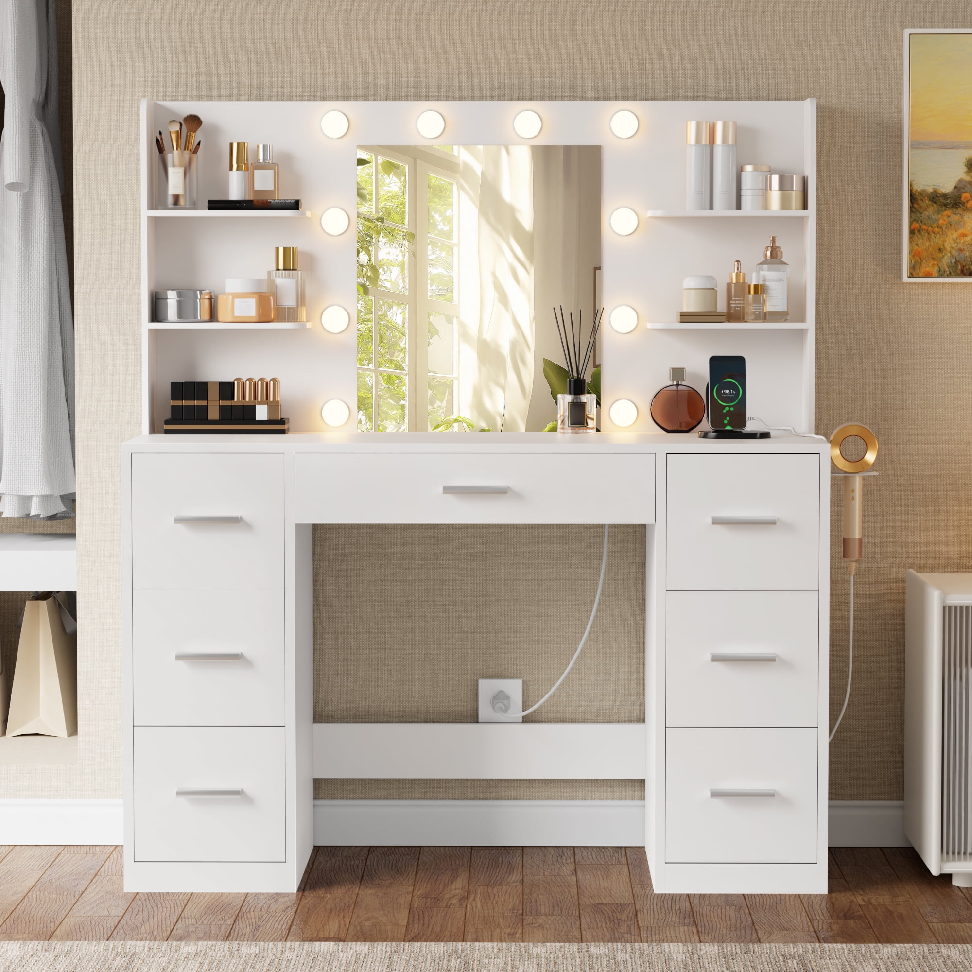 IRONCK LED Lighted White Vanity Desk with Flip Top Mirror IRONCK LED Lighted White Vanity Desk with Flip Top Mirror