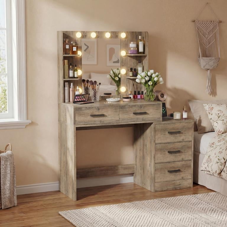 Lacoo Vanity Desk with 5 Drawers & Charging Station, Makeup Vanity with Lights & 4 Shelves, Dressing Table for Bedroom, Brown