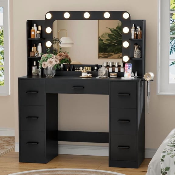 Lacoo Vanity Desk with Mirror & Lights, Makeup Vanity Set with 7 Drawers & Shelves, Vanity Table for Bedroom, Black