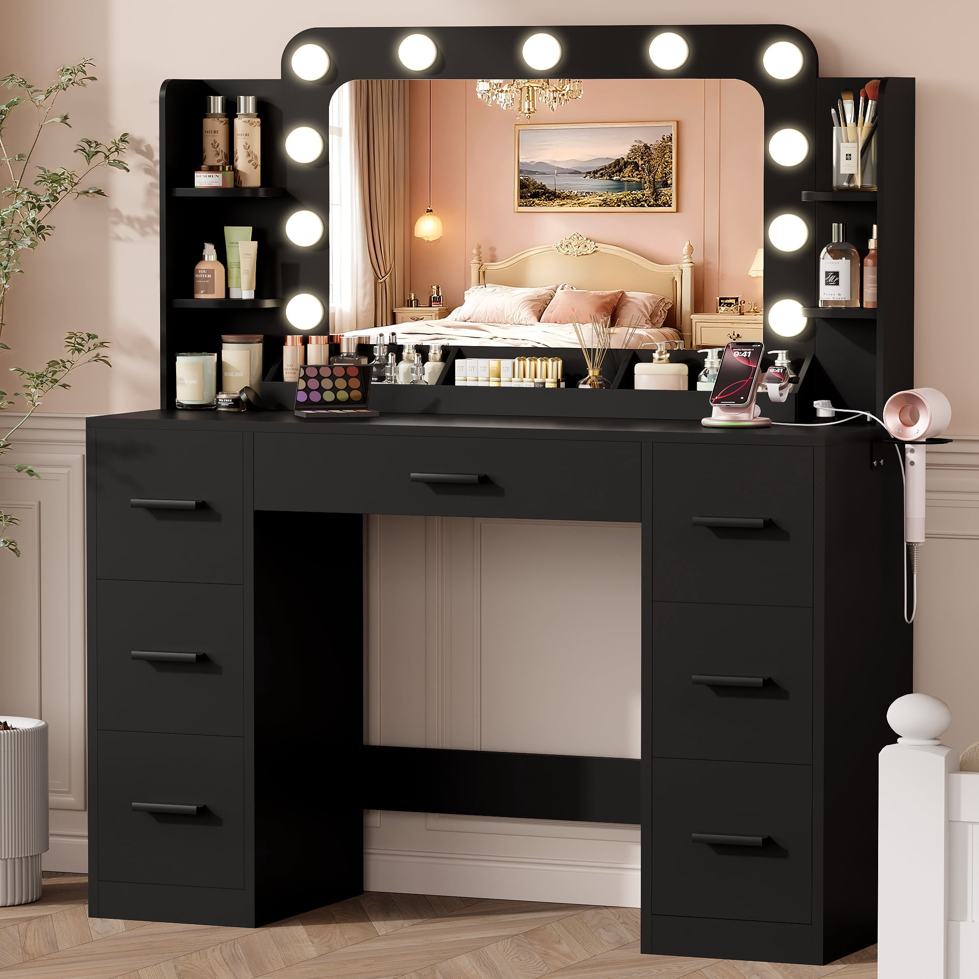Lacoo Vanity Desk with Mirror & Lights, Makeup Vanity Set with 7 Drawers & Shelves, Vanity Table for Bedroom, Black