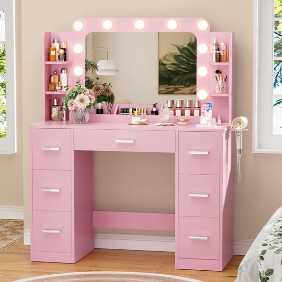 Lacoo Vanity Desk with Mirror & Lights, Makeup Vanity Set with 7 Drawers & Shelves, Vanity Table for Bedroom, Pink