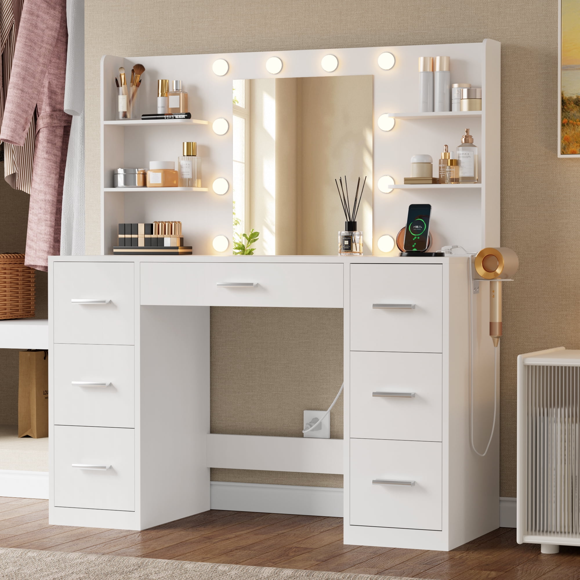 Lacoo Vanity Set with Mirror and LED Lights, Makeup Vanity with Fast-Charging Outlet, Vanity Table with 7 Drawers & 4 Shelves for Bedroom Dressing Room, White