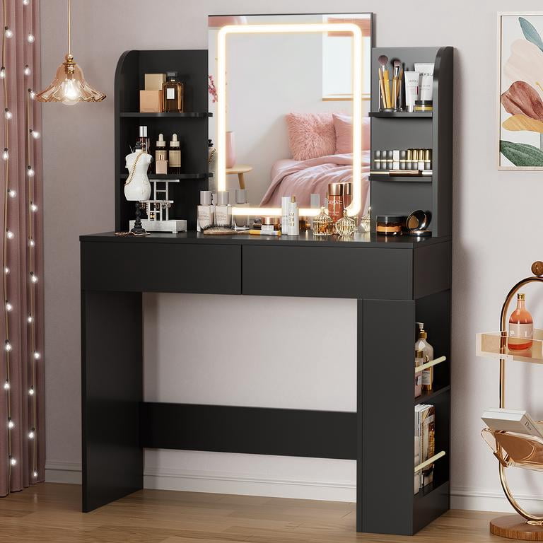 Lacoo Vanity Set with Mirror, Makeup Vanity with LED Light, Storage Drawers & Shelves, Vanity Desk for Bedroom Dressing Room, Black