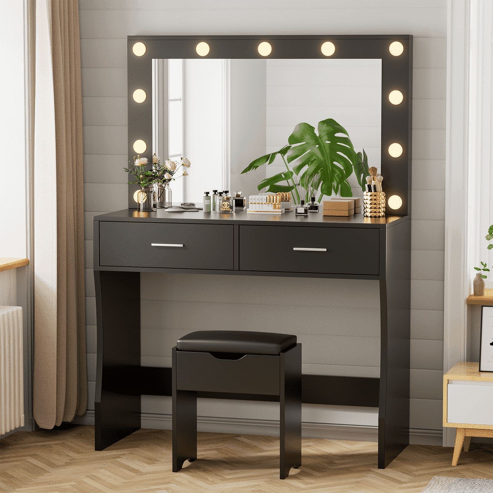 Lacoo Vanity Set with Mirror and Drawer Makeup Vanity Desk and Chair Set with Lights, Black