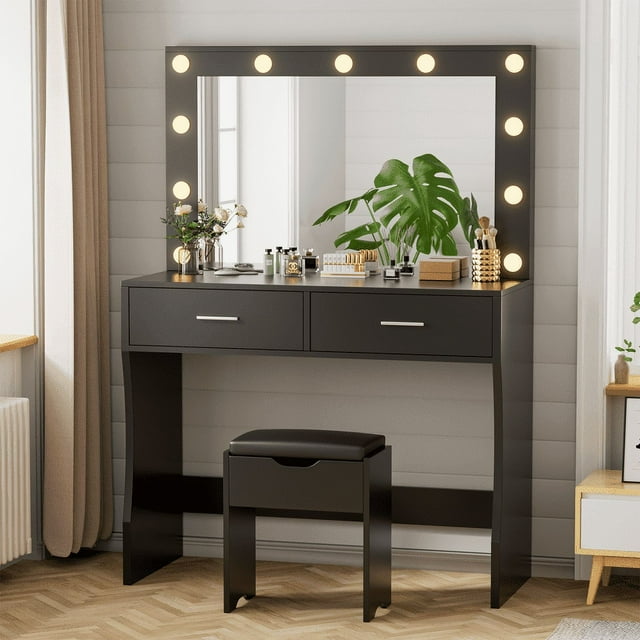 Lacoo Vanity Set with Mirror and Drawer Makeup Vanity Desk and Chair Set with Lights, Black