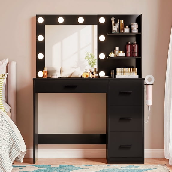Lacoo Vanity Desk with Mirror and LED Lights, Makeup Vanity Table with 4 Drawers and Power Outlet for Bedroom, Black