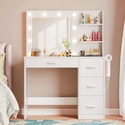 Lacoo Vanity Desk with Mirror and LED Lights, Makeup Vanity Table with 4 Drawers and Power Outlet for Bedroom, White