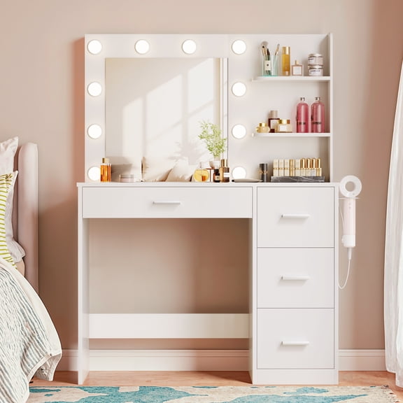 Lacoo Vanity Desk with Mirror and LED Lights, Makeup Vanity Table with 4 Drawers and Power Outlet for Bedroom, White