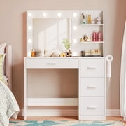 Lacoo Vanity Desk with Mirror and LED Lights, Makeup Vanity Table with 4 Drawers and Power Outlet for Bedroom, White