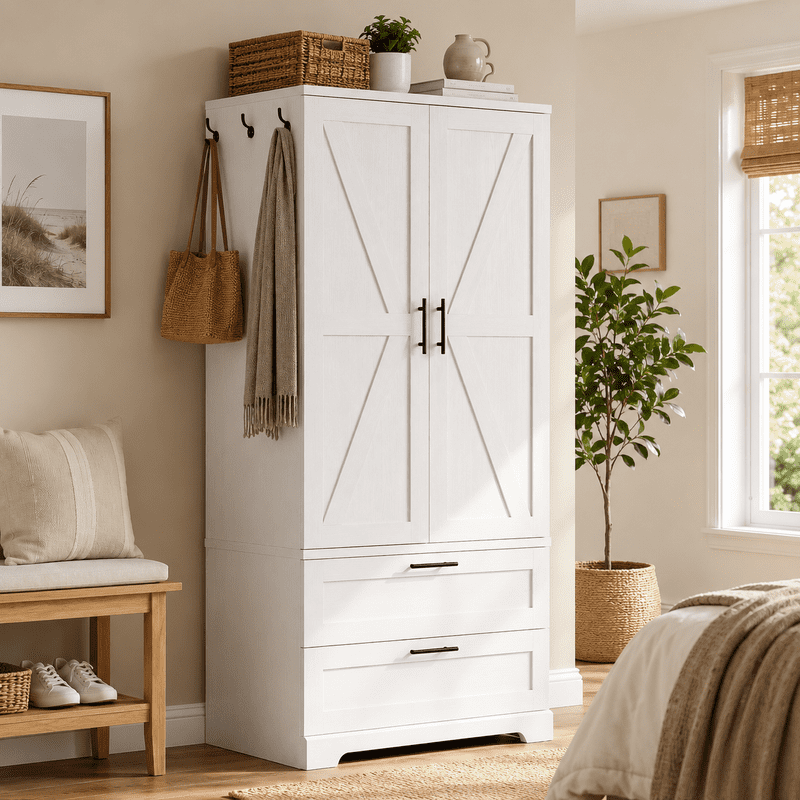 Lacoo White Wardrobe Armoire, 70.8 in, 2 Drawers, Motion-Sensor Light