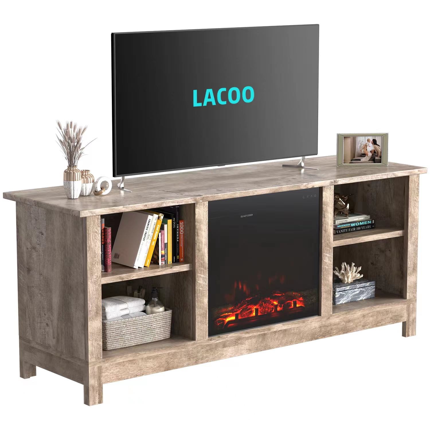 Lacoo Wood TV Stand with Fireplace and 4 Shelves for TVs up to 65", Gray