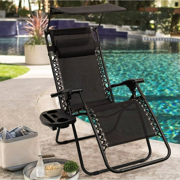 Walnew Zero Gravity Chair Outdoor Folding Recliner Lounge Chair with Attachable Sunshade Canopy and Holder,Black
