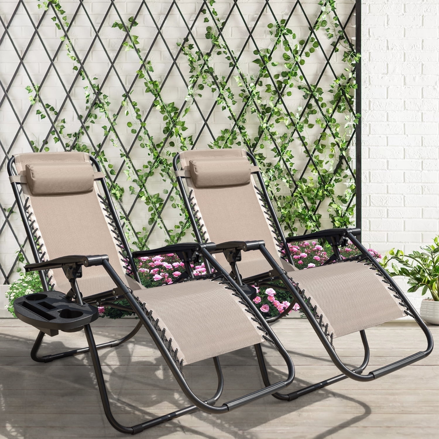 Lacoo Zero Gravity Chair Patio Outdoor Foldable Lawn Lounge Chair Reclining Chair with Adjustable Pillow Pack of 2, Beige