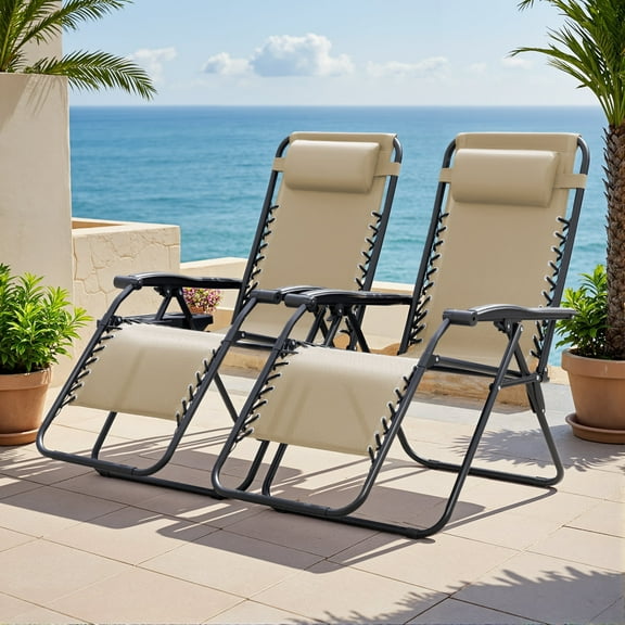 Lacoo Zero Gravity Chair Patio Outdoor Foldable Lawn Lounge Chair Reclining Chair with Adjustable Pillow Pack of 2, Beige