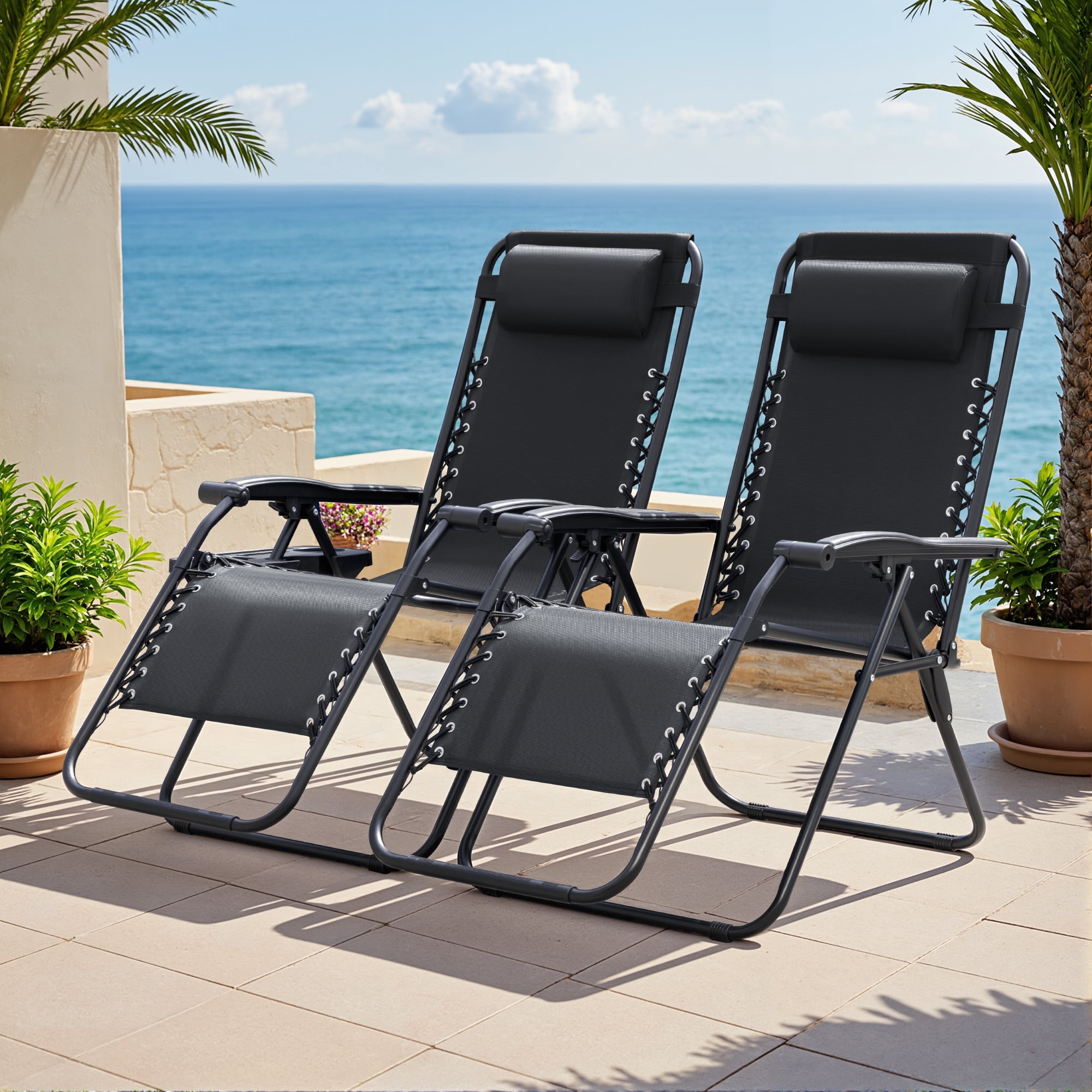 Lacoo Zero Gravity Chair Patio Outdoor Foldable Lawn Lounge Chair Reclining Chair with Adjustable Pillow Pack of 2, Black