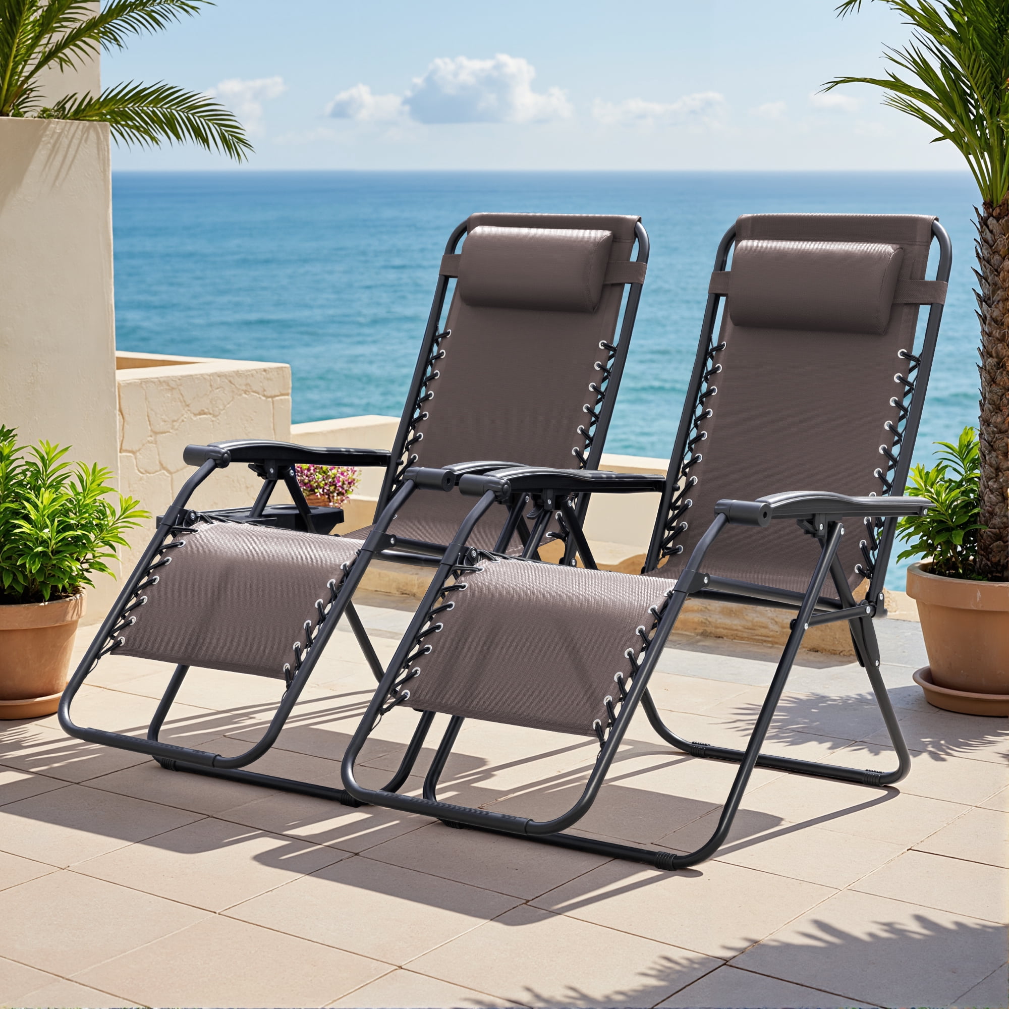 Lacoo Zero Gravity Chair Patio Outdoor Foldable Lawn Lounge Chair Reclining Chair with Adjustable Pillow Pack of 2, Brown