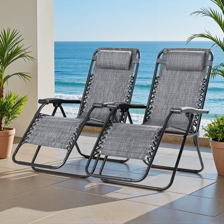 Lacoo Zero Gravity Chair Patio Outdoor Foldable Lawn Lounge Chair Reclining Chair with Adjustable Pillow Pack of 2, Double Gray
