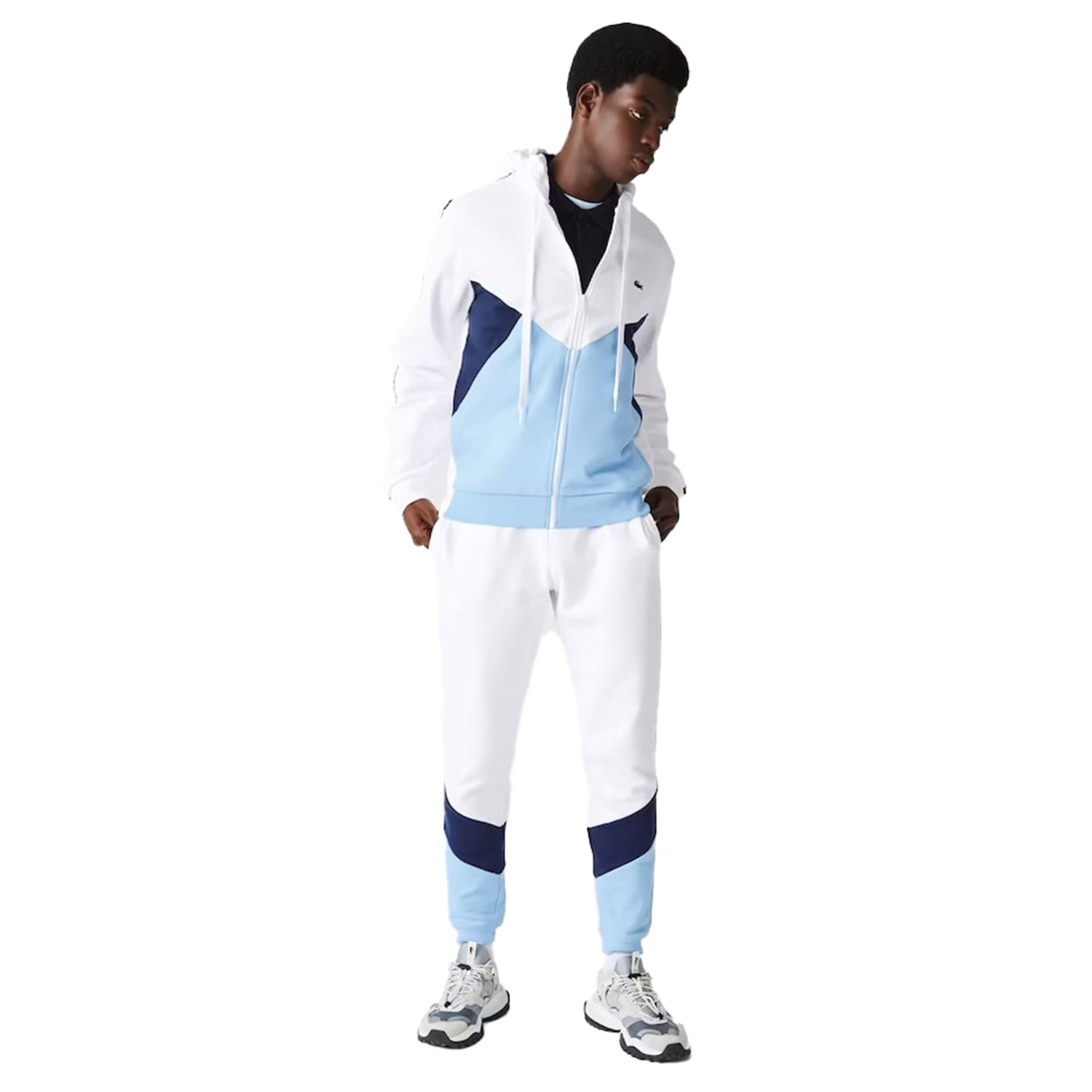 Lacoste Colorblock Lettered Men's Fleece Zip Hoodie White-Blue