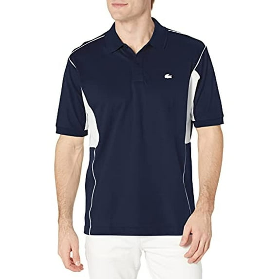 Lacoste Men's Short Sleeve Relax Fit Contrast Piping Technical Pique Polo Shirt, Navy Blue/White, XXL