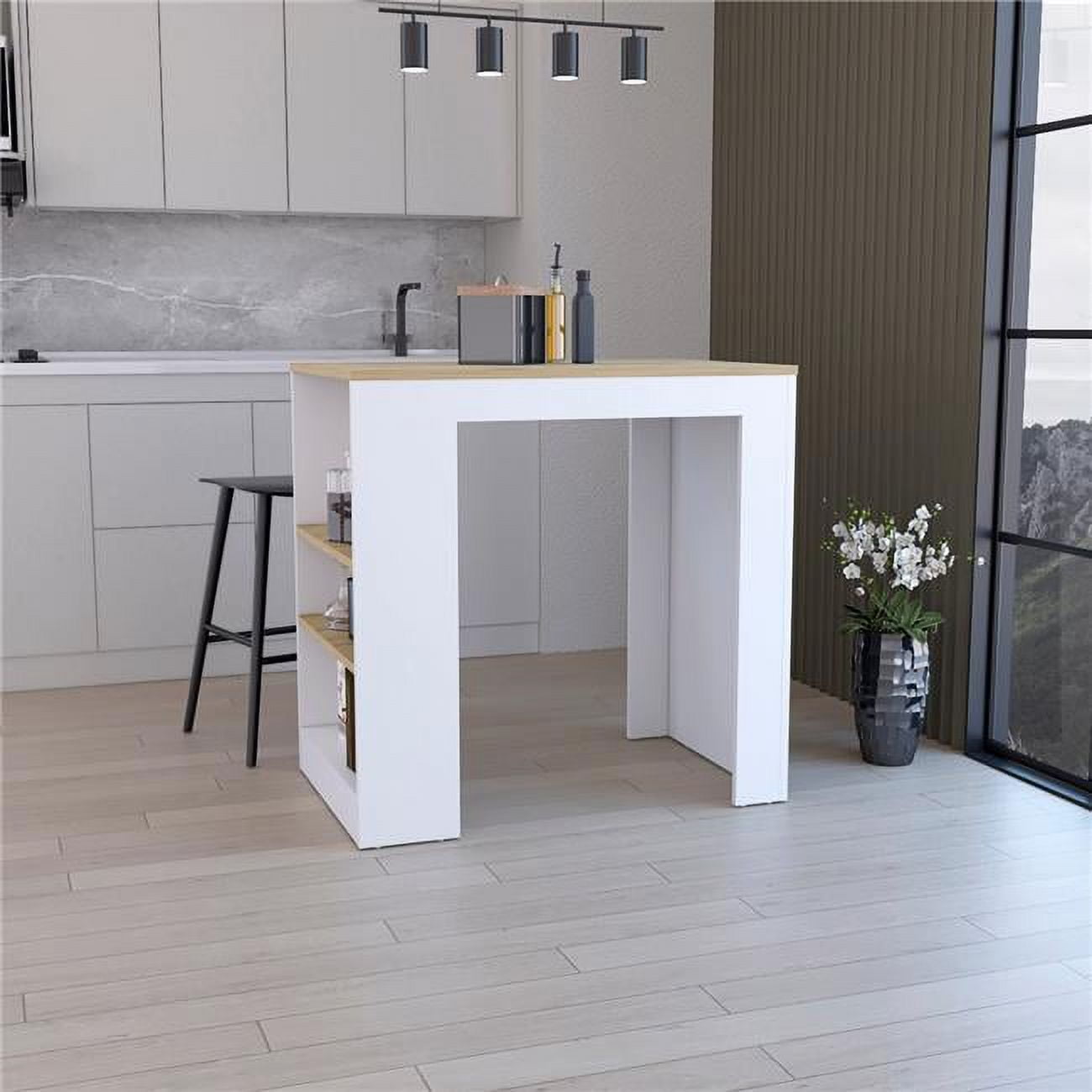 Lacour Kitchen Island Bar Table with 3-Side Shelves, White & Macadamia ...