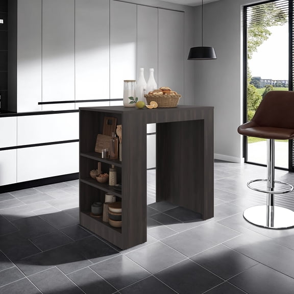 Lacour Kitchen Island, Kitchen Bar Table With 3-Side Shelves, Dark Walnut