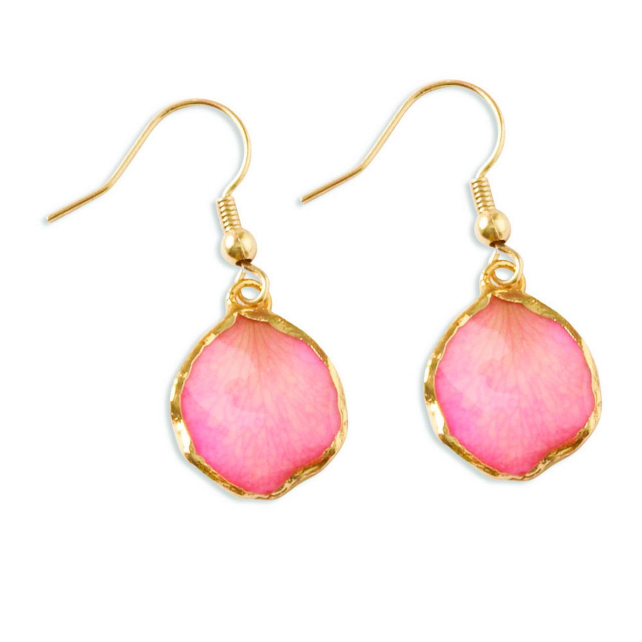 Peach Blossom Pink Enamel Dangle Earrings | Handmade 18K Gold Plated Copper | Flower Design Gift Jewelry