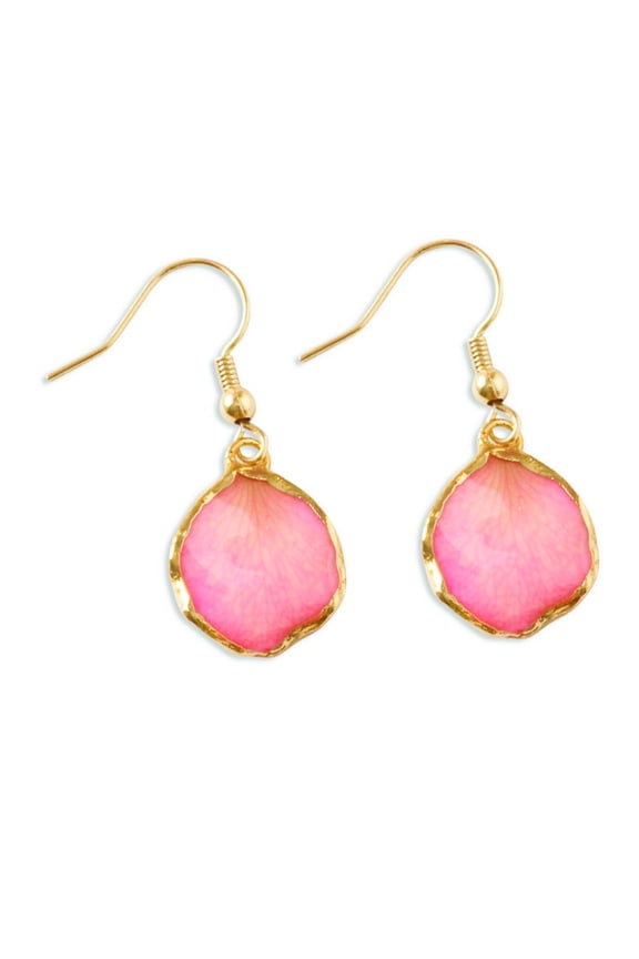 Lacquer Dipped 24k Gold Trim Pink Rose Petal Long Drop Dangle Earrings Jewelry Gifts for Women