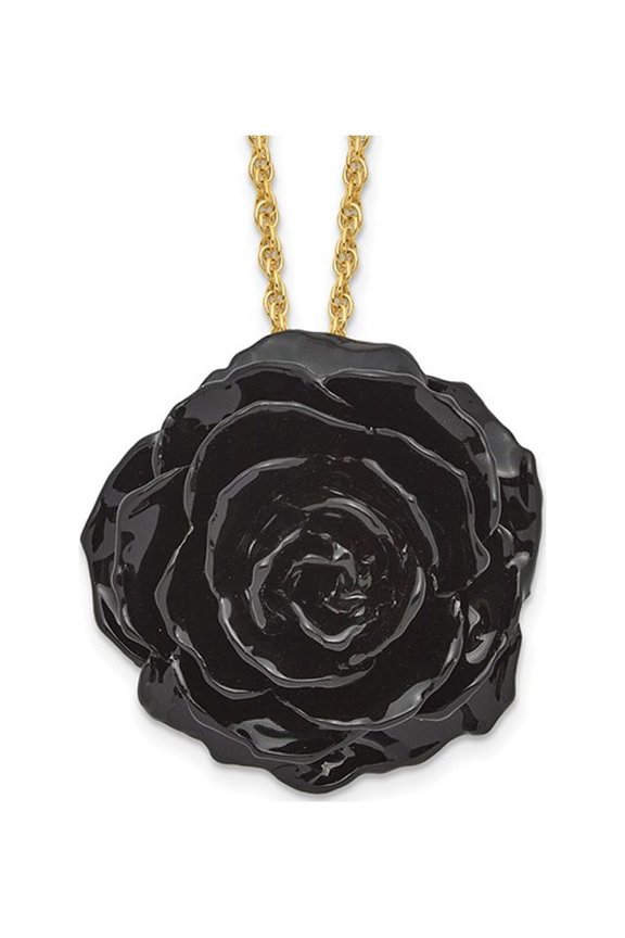 Lacquer Dipped Black Real Rose with 18 inch Yellow Plated Necklace Chain for Women
