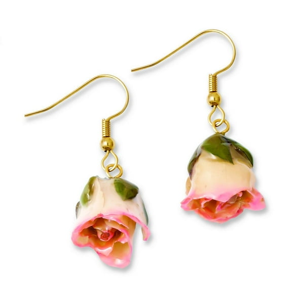 Lacquer Dipped Cream Pink Rose Dangle Earrings