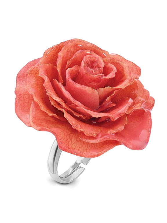 Lacquer Dipped Pink Real Rose Adjustable Silver-tone Ring