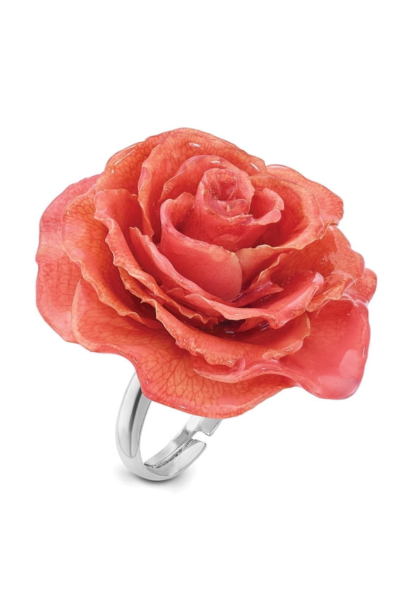 Lacquer Dipped Pink Real Rose Adjustable Silver-tone Ring