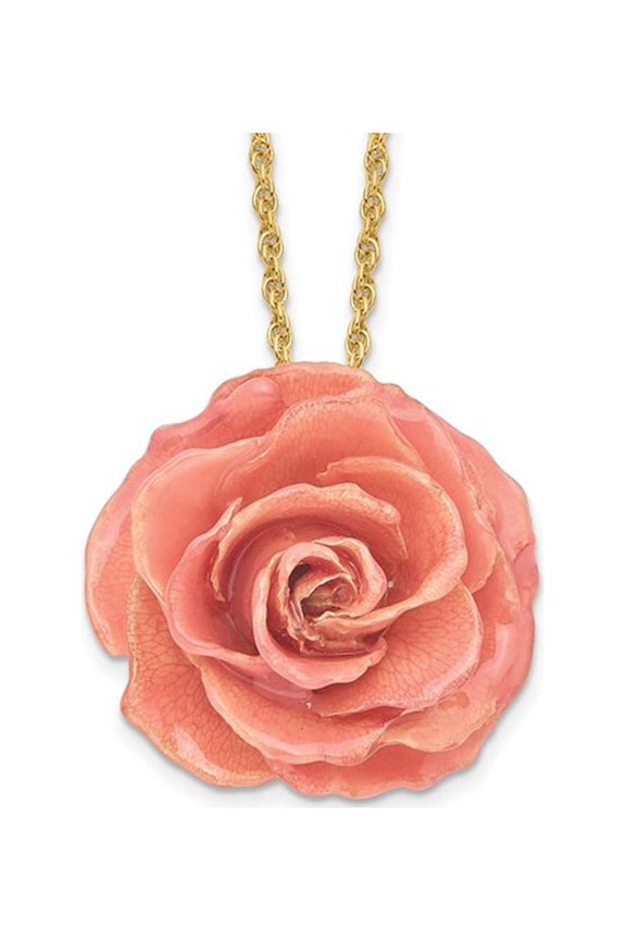 Lacquer Dipped Pink Real Rose with 20 inch Yellow Plated Necklace