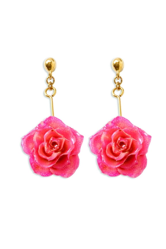 Lacquer Dipped Pink Rose Long Drop Dangle Earrings Jewelry Gifts for Women