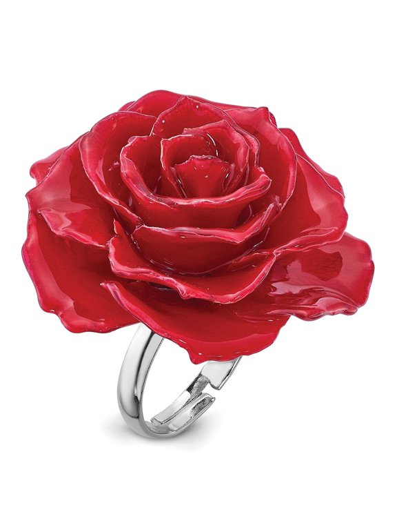 Lacquer Dipped Red Real Rose Adjustable Silver-tone Ring
