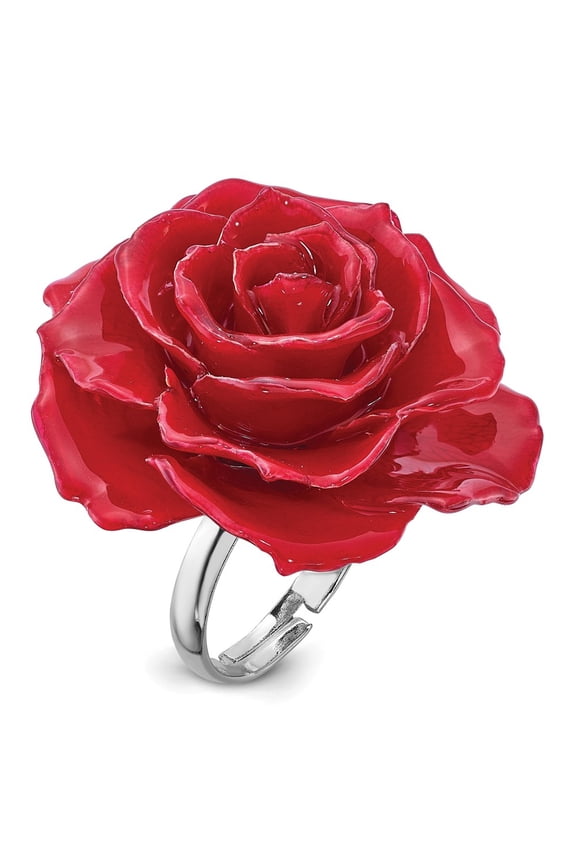 Lacquer Dipped Red Real Rose Adjustable Silver-tone Ring