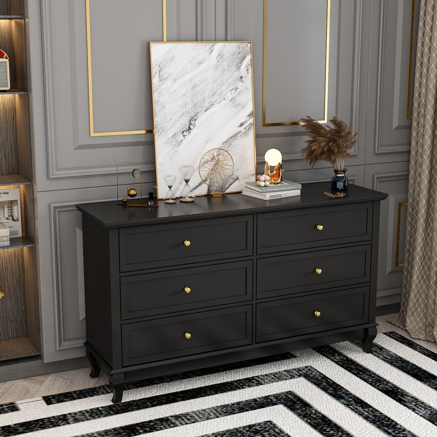 Lacquer Dresser for Bedroom with Deep Drawers Wooden 6 Drawers Chest