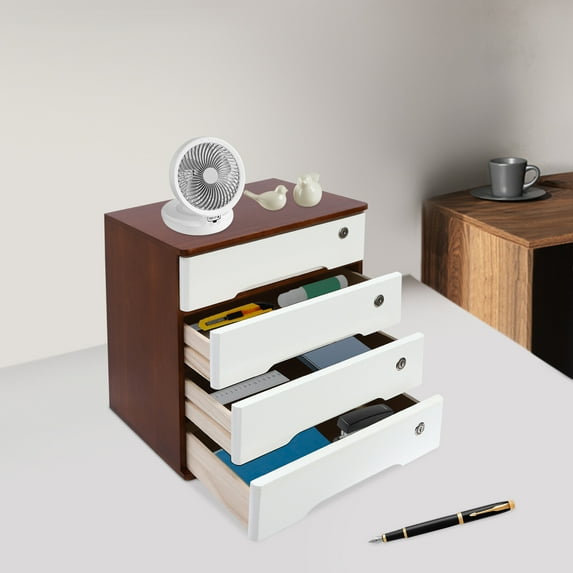 Lacquer Wood 15.94 Inches High 4-Storey Locked Storage Cabinet Desktop Drawer Locker Office Stationery Organizer