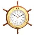 thumbnail image 1 of Lacquered Brass Porthole Quartz Clock with Ship's Wheel on Oak Wood., 1 of 1