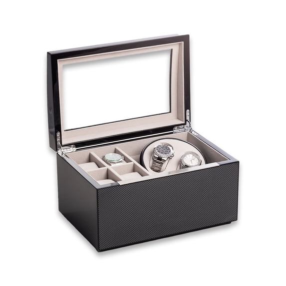 Lacquered Carbon Fiber Finish 2 Watch Winder with Storage for 4 Watches
