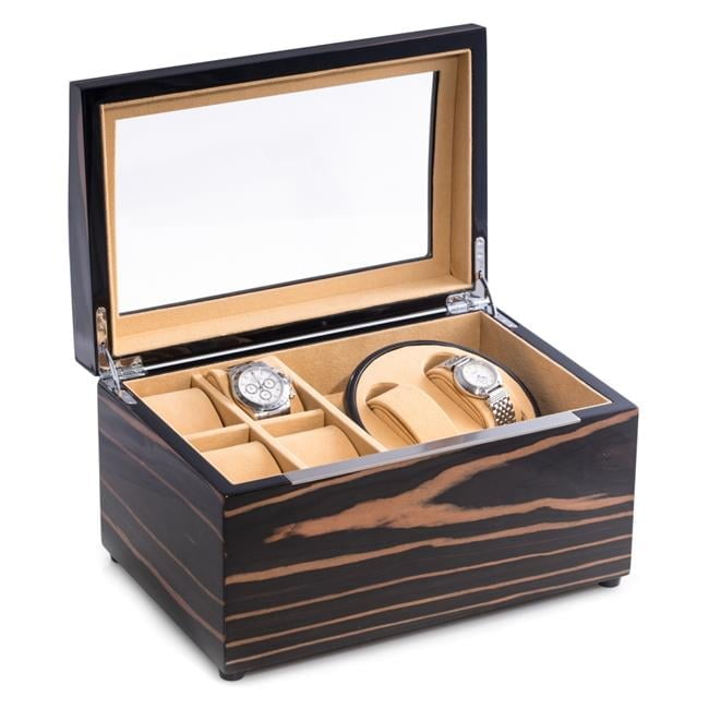 Lacquered Ebony Burl Wood 2 Watch Winder with Storage