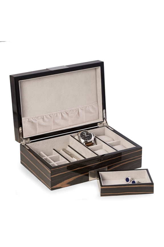 Lacquered "Ebony" Wood Valet Box with Multi Compartments for Storage, 4 Watch Pillows, Removable Valet Tray and Stainless Steel Accents.