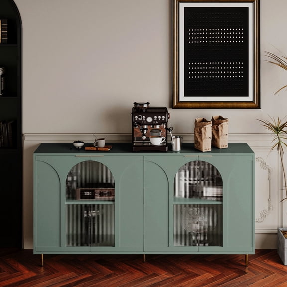 Lacquered Mint Green MDF Cabinet with 4 Glass Doors | Ideal for Living, Dining, and Office Spaces | High - quality MDF and Metal Legs | Solves Storage Clutter with Adjustable Shelves
